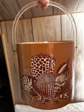 Vintage Mid-Century Modern Seashell Print Ice Bucket with Clear Handle